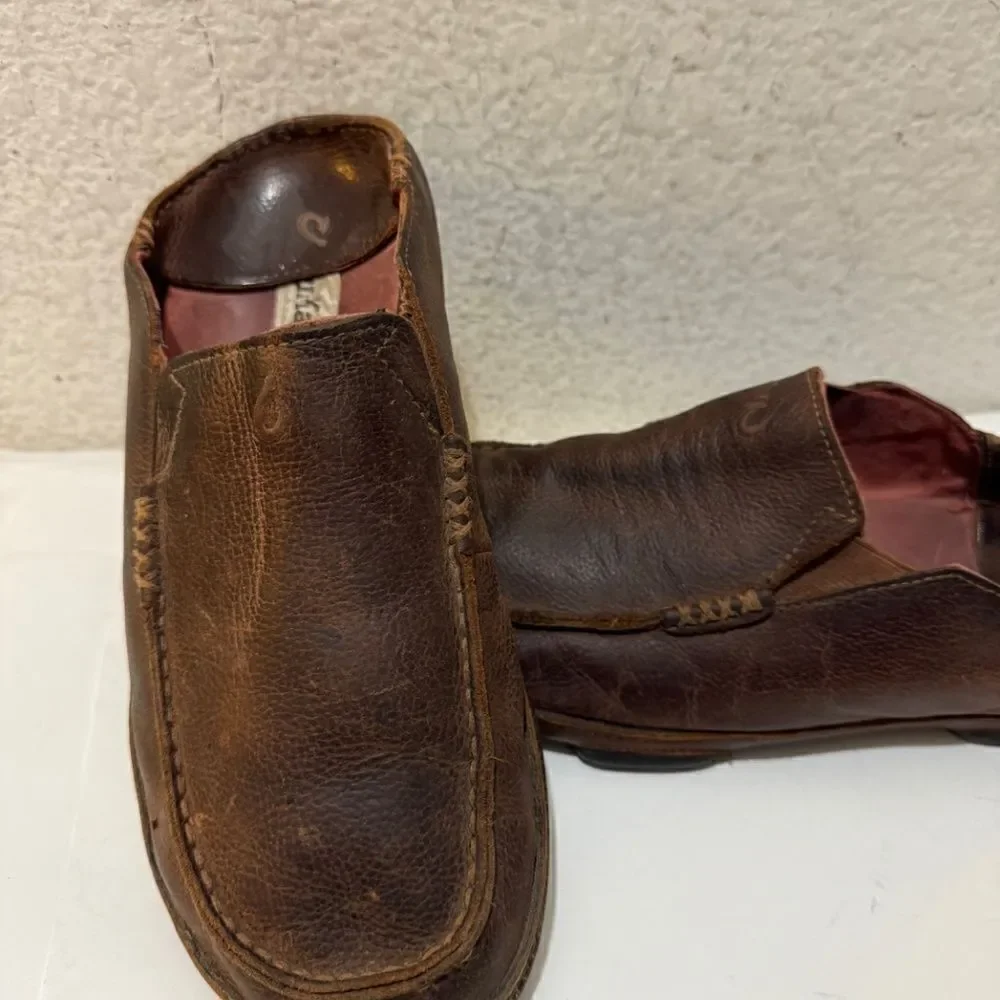Olukai Moloa Dark Wood Dark Java Leather Slip On Shoes Men’s Size 9